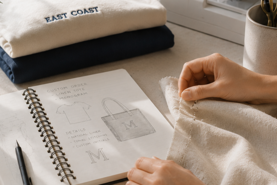 Sketchbook pages showing a custom tote bag with the letter 'M', a T-shirt, and details for the design.