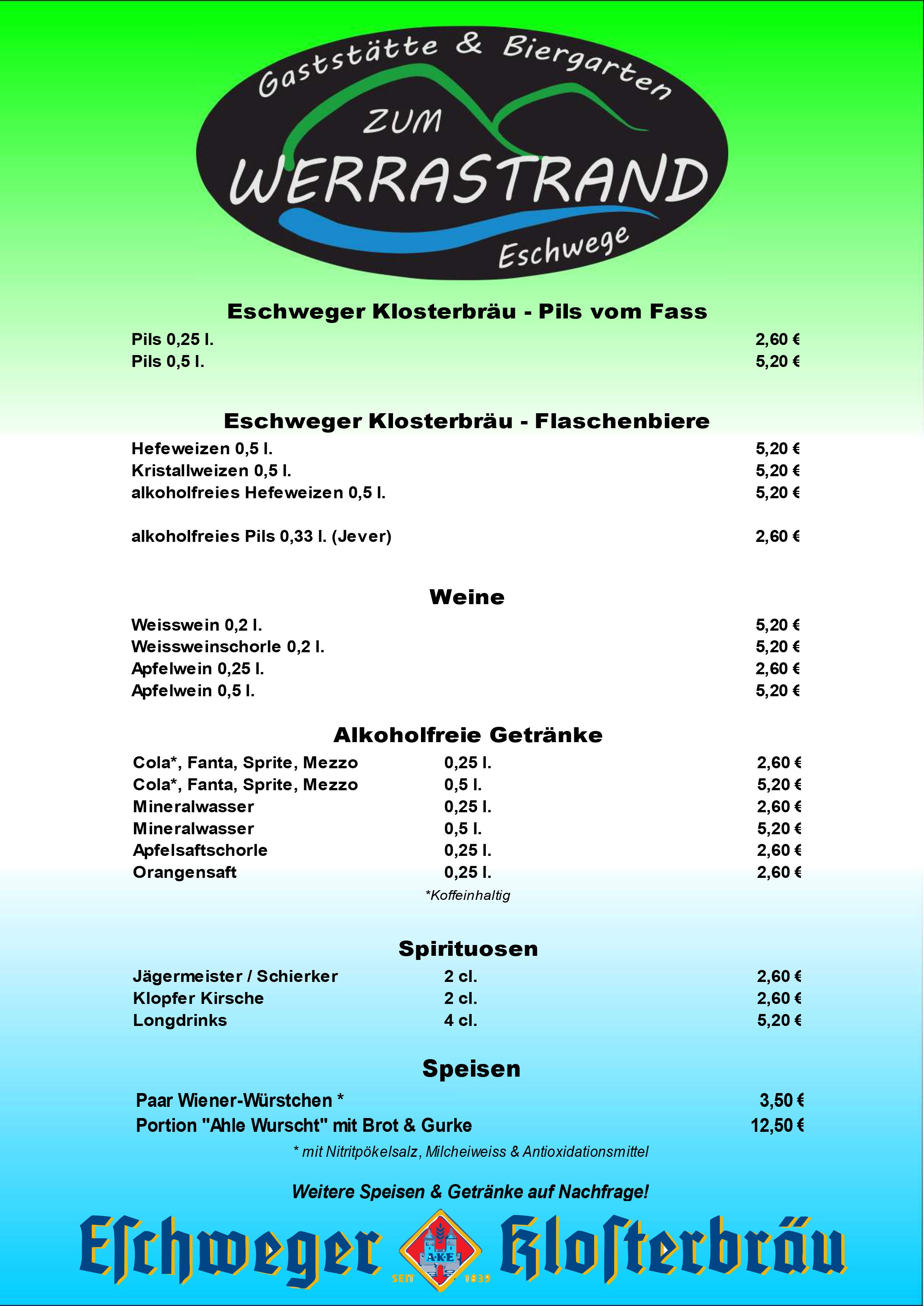 Speisekarte der Gaststätte "Zum Werrastrand" mit verschiedenen Bieren, alkoholfreien Getränken, Spirituosen und Speisen. Logo der Gaststätte mit Name und Gründungsjahr 1939.