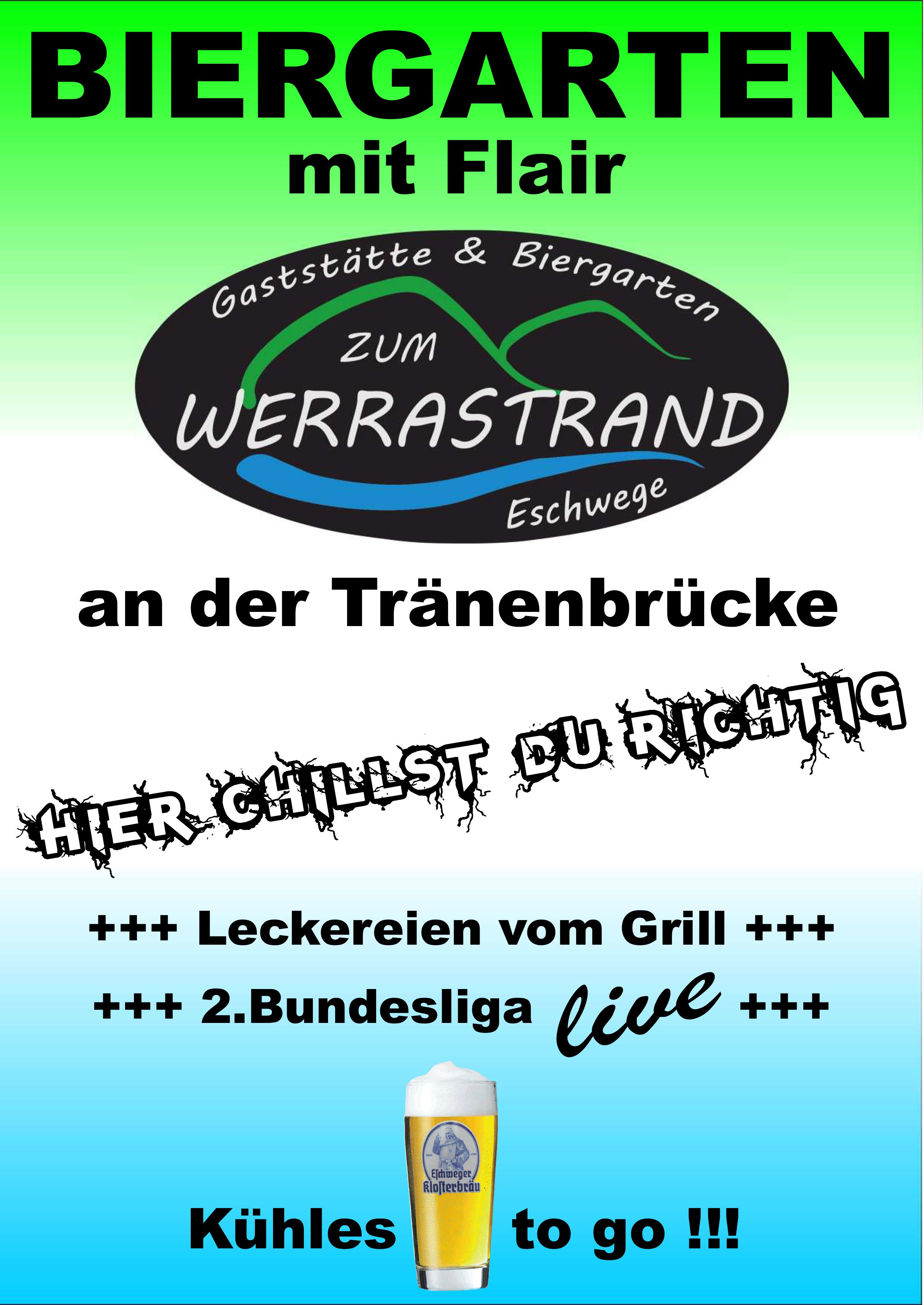 Werbeplakat für einen Biergarten am Werraststrand, mit einem Glas Bier, buntem Hintergrund, deutsche Texte und großen schwarzen Schriftzügen.