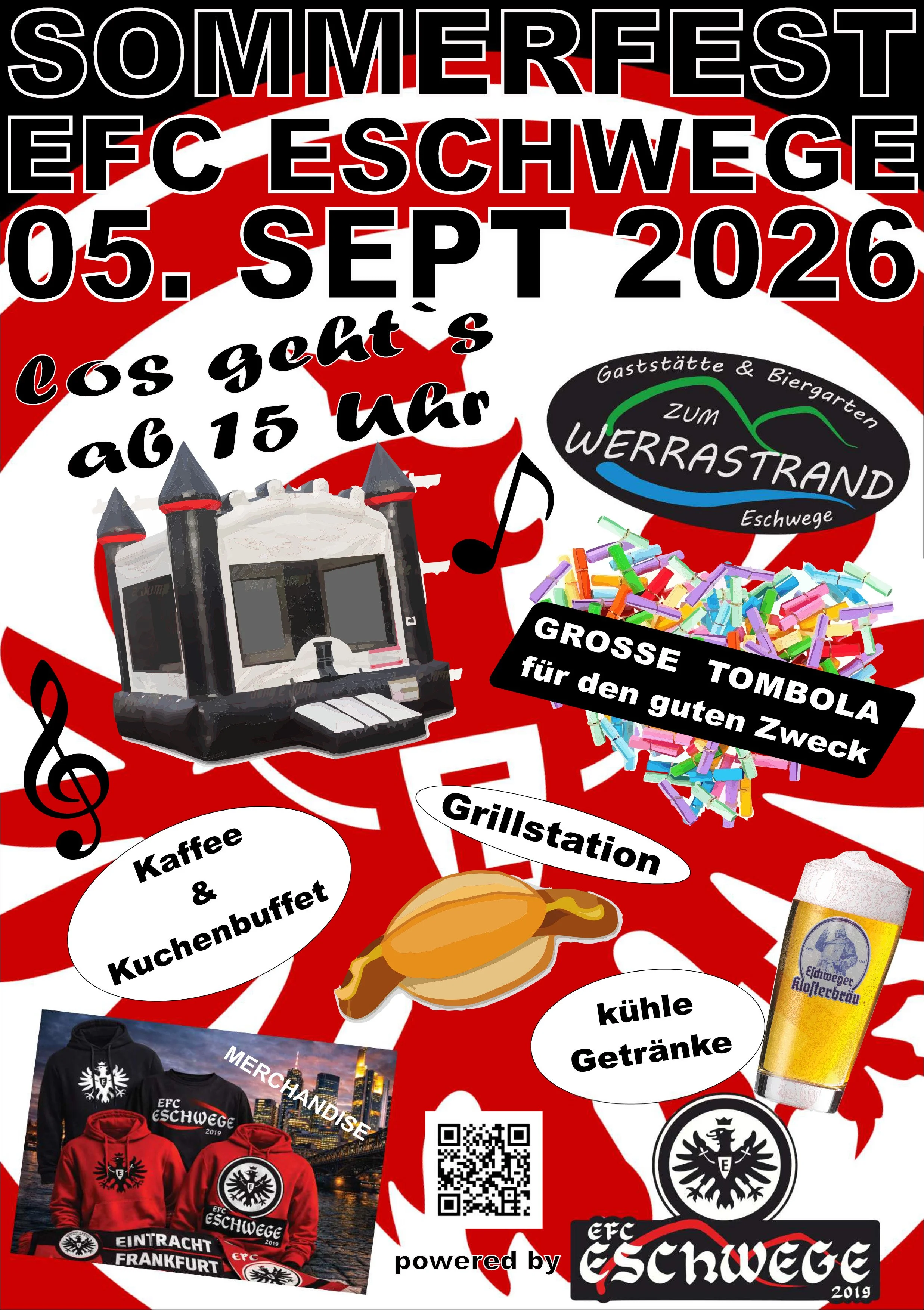 Ein Poster für ein Sommerfest und Fußballspiel zwischen EFC Eschwege und Eintracht Frankfurt am 5. September 2026. Es gibt Hinweise auf Essen, Getränke, eine Grillstation, Merchandise-Artikel, eine Tombola, Musik, Kaffee, Kuchen, kalte Getränke und e