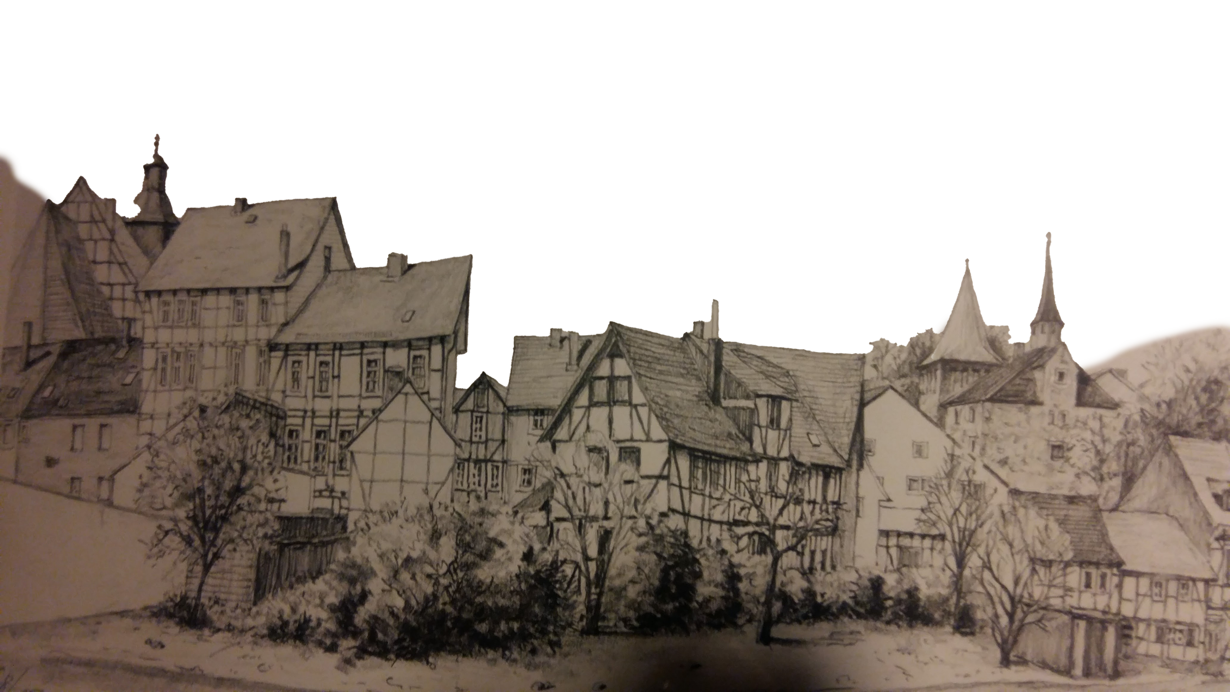 Skizze eines mittelalterlichen Dorfes mit historischen Gebäuden und Kirchen.