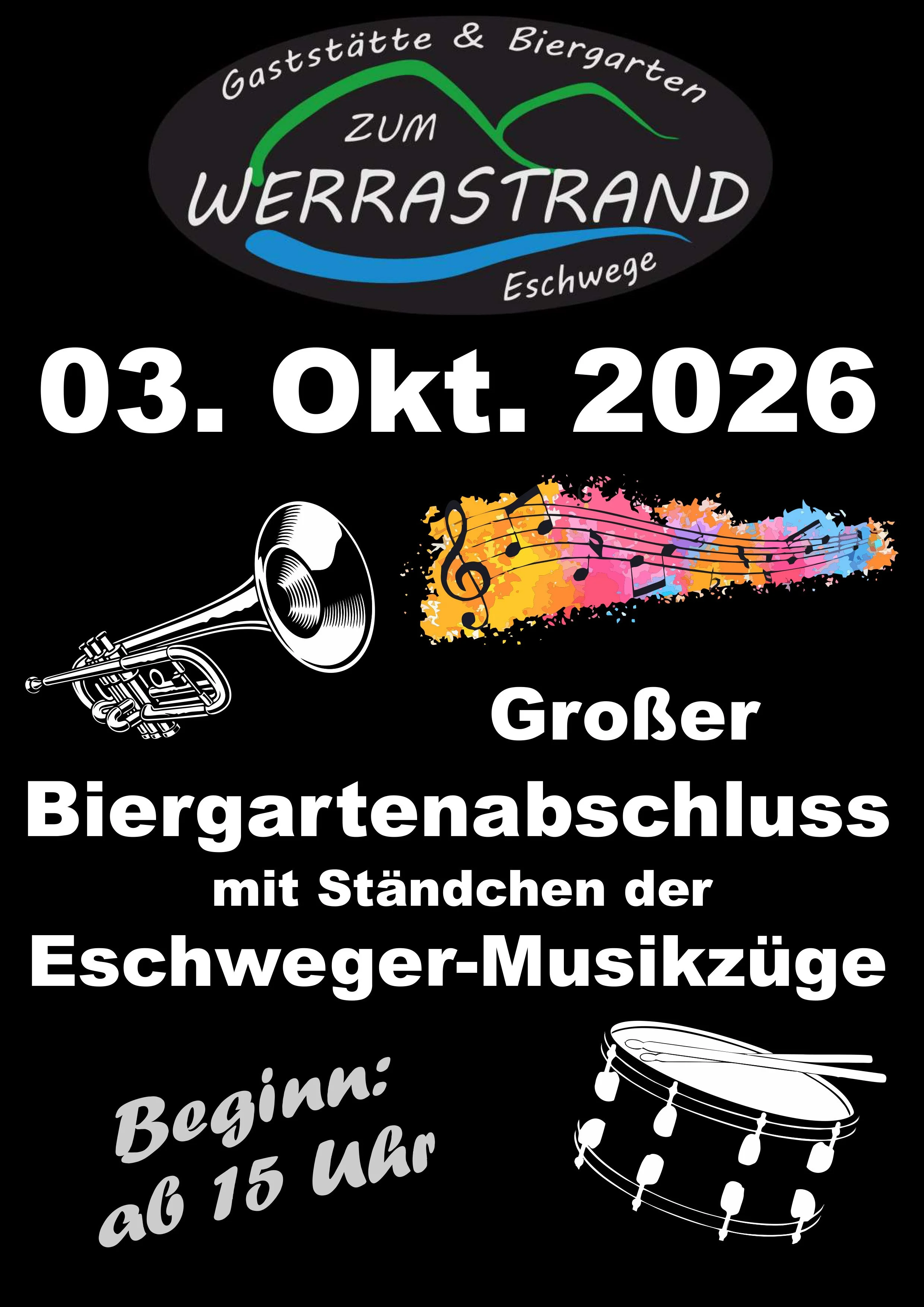 Event-Ankündigung für den Großen Biergartenabschuss am 3. Oktober 2026 mit Ständchen der Eschweger-Musikzüge, inklusive Musiknoten, einer Drehorgel, einer Trommel, einer Windmaschine und einem musikalischen Banner.