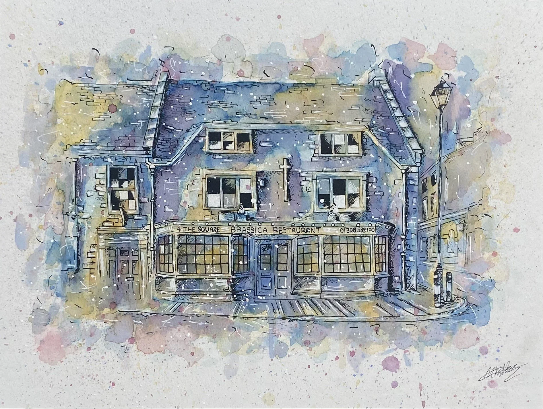 Watercolor painting of a building with black trim, multiple windows, and a sign reading 'The Square Brasica Restaurant' on the front.