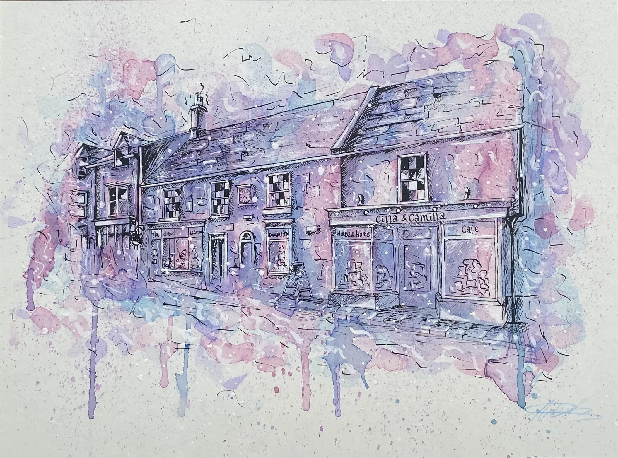 A watercolor illustration of a multi-story brick building with a retail shop on the ground floor called 'Cina & Camilla,' featuring large front windows and a signboard. The building is painted with soft pastel colors, with pinks and purples blending in the background, creating a dreamy scene.