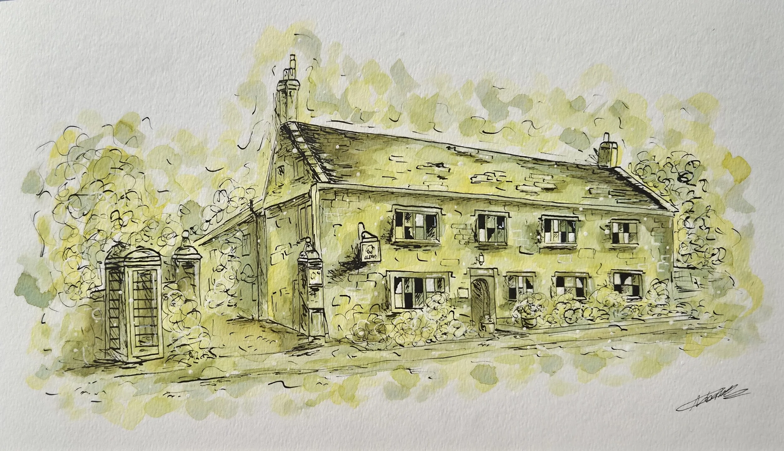 A watercolor sketch of a traditional stone house surrounded by trees and bushes, with a sign outside, in a quiet rural setting.
