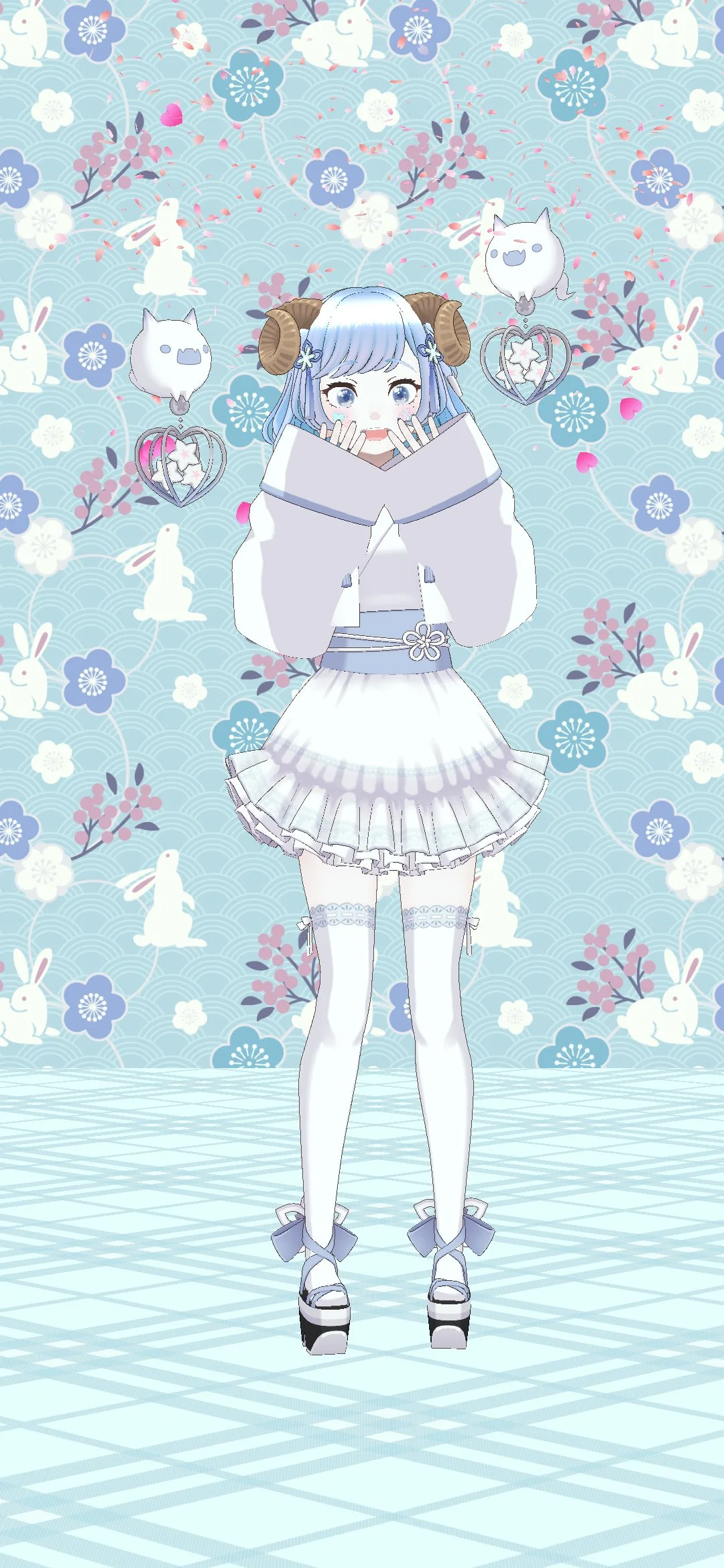 Anime-style girl with light blue hair, ram horns, and blue eyes, dressed in white and pastel outfit, standing in front of a background with bunnies, cherry blossoms, and heart-shaped ornaments.