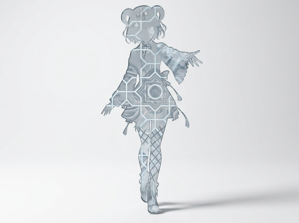 Silhouette of a girl in a pose with outstretched arm, featuring a digital hexagonal and circuitry pattern overlay.