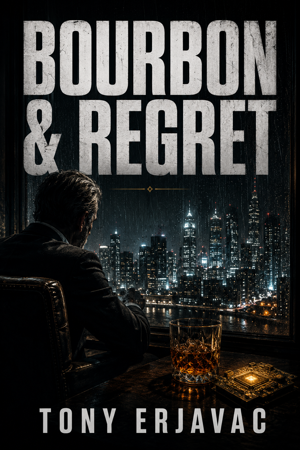 Book cover for 'Bourbon & Regret' by Tony Erjavac, depicting a man with gray hair in a dark suit sitting at a table with a glass of bourbon and a microchip, looking out over a city skyline at night through a rain-streaked window.