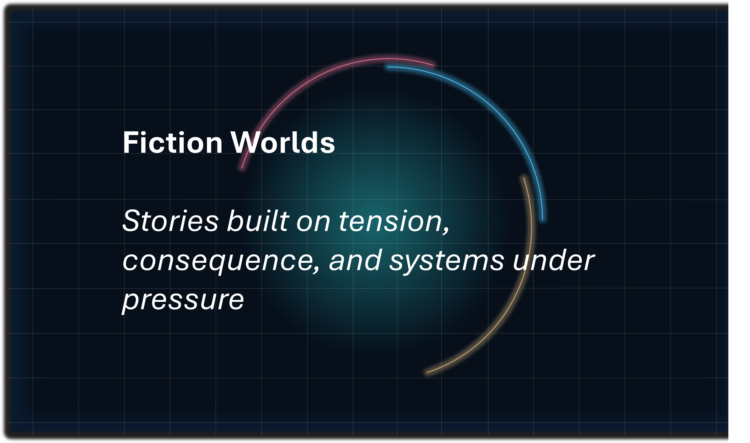 Close-up of a digital screen displaying a scientific or technical presentation with colorful curved lines and the text 'Fictional Worlds, Stories built on tension, consequence, and systems under pressure'.