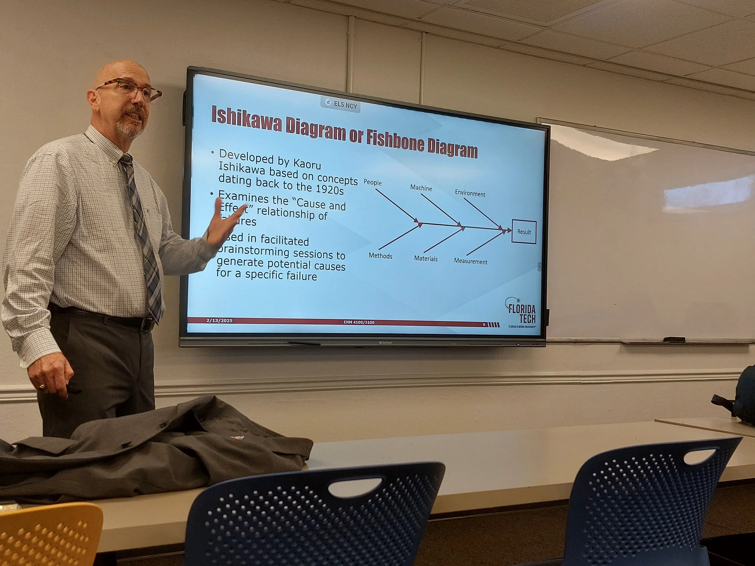 Man with glasses and a checkered shirt giving a presentation in a classroom with a large screen displaying a slide titled "Ishikawa Diagram or Fishbone Diagram" at Florida Tech.