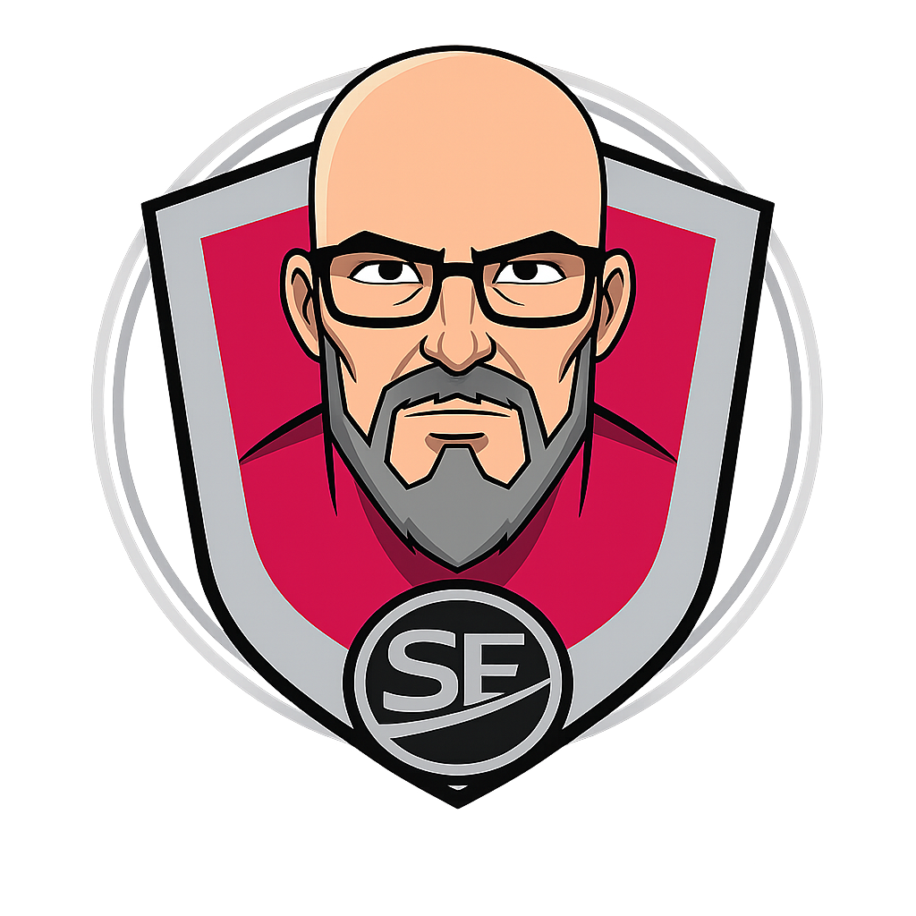 A stylized cartoon of a bald man with glasses and a gray beard, wearing a red shirt, inside a shield-shaped badge with the letters 'SE' which stands for systems engineering at the bottom.