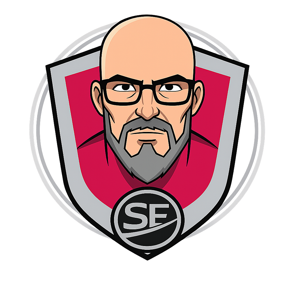 A stylized cartoon of a bald man with glasses and a gray beard, wearing a red shirt, inside a shield-shaped badge with the letters 'SE' which stands for systems engineering at the bottom.