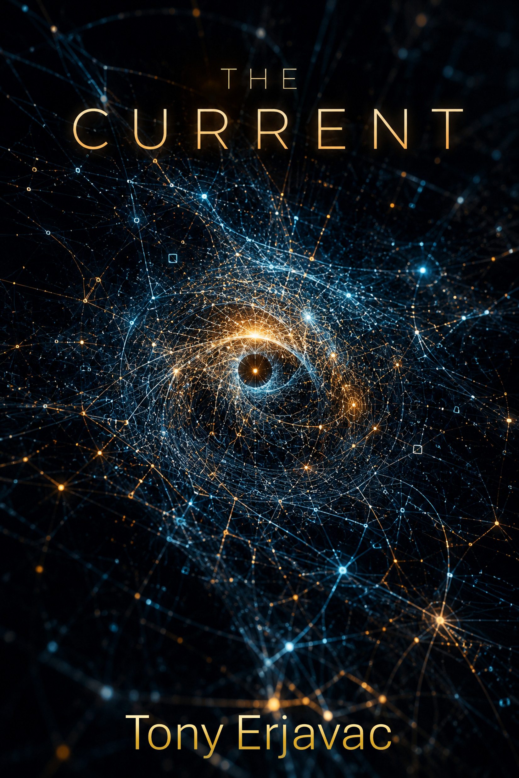 A digital artwork with interconnected lines and glowing points in blue, orange, and yellow, forming a swirling pattern with the title 'The Current' and the author's name Tony Erjavac.