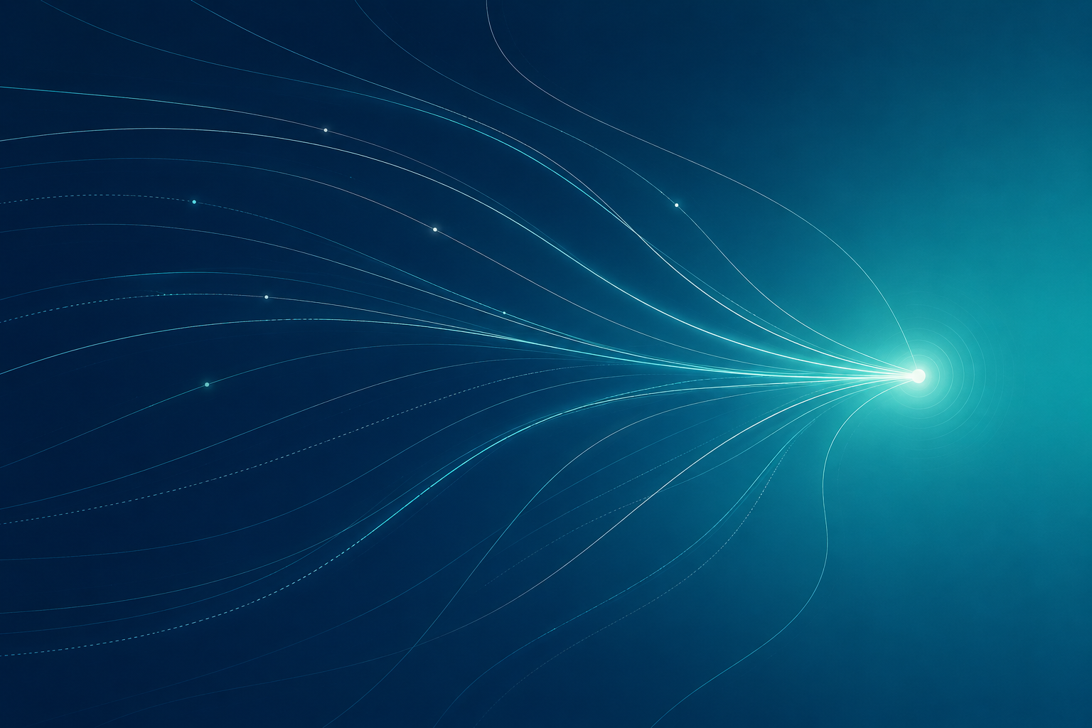 Abstract digital illustration with flowing lines and small dots emanating from a bright point on the right against a dark blue background.