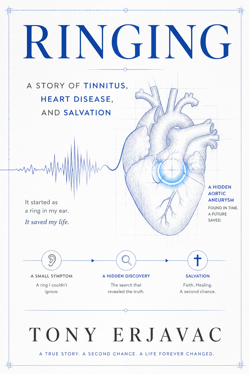 Book cover titled "Ringing" about a heart condition, featuring a sketch of a human heart with a highlighted aortic aneurysm, an ECG line, and symbols for symptoms, discovery, and salvation. Also displayed is the author's name Tony Erjavac