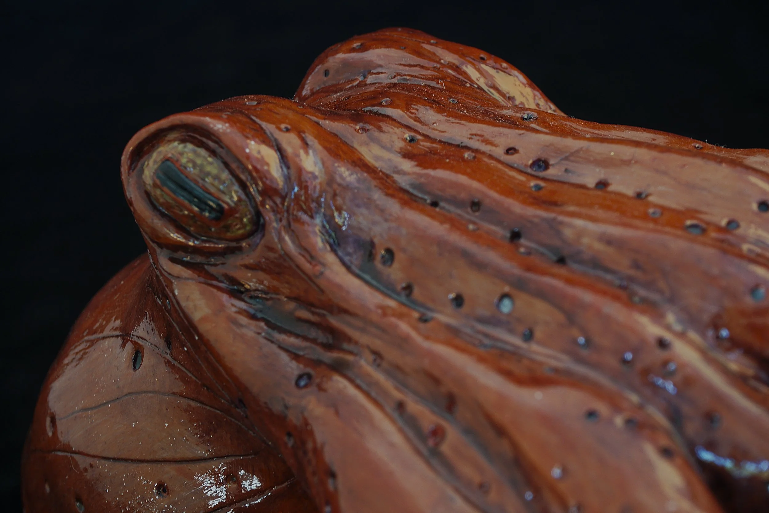 Close-up of a polished wooden sculpture or object with a reddish-brown hue; detailed grain and small dark spots visible.