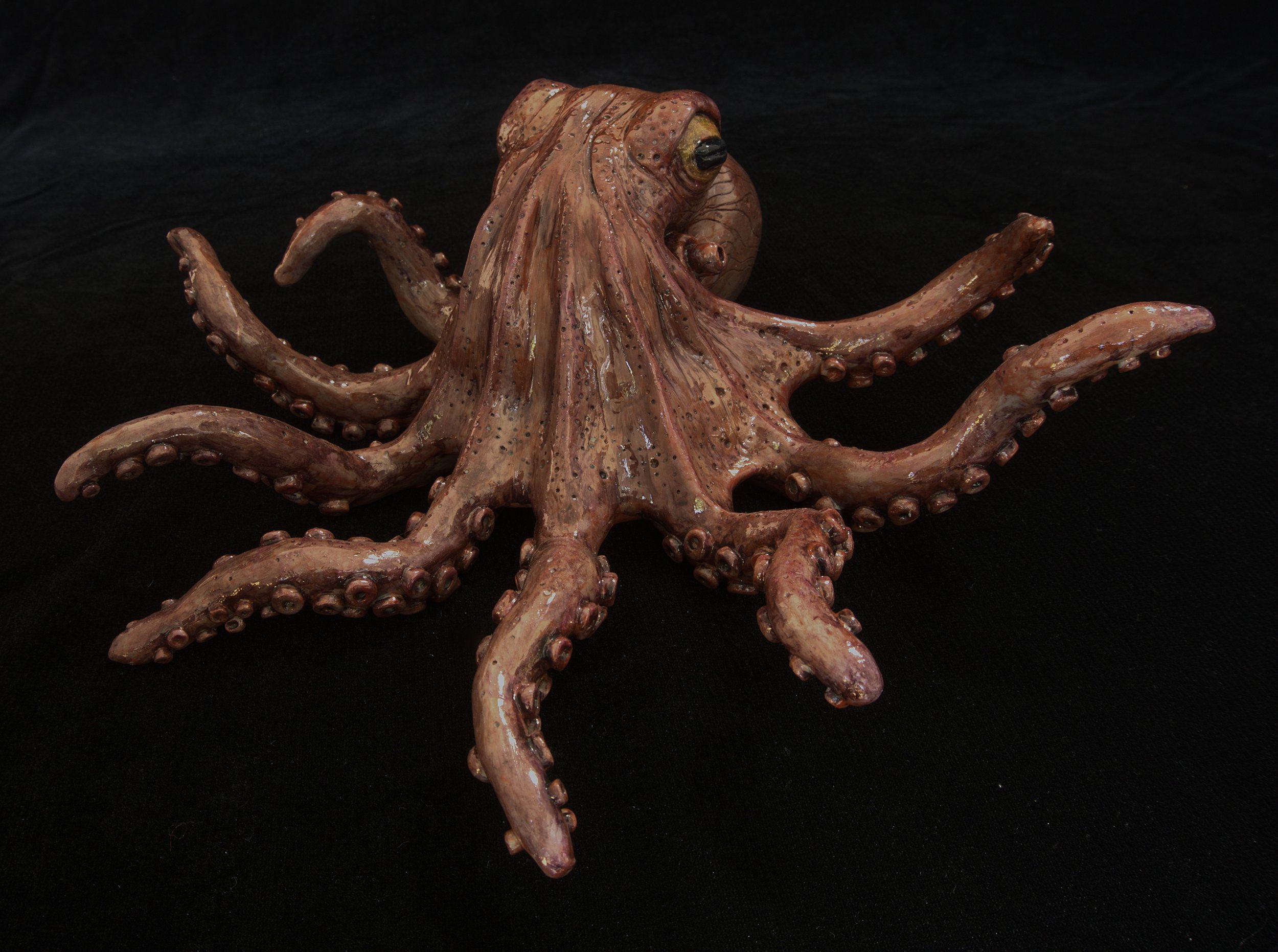 A realistic model of an octopus with pinkish-brown skin and detailed tentacles, set against a black background.