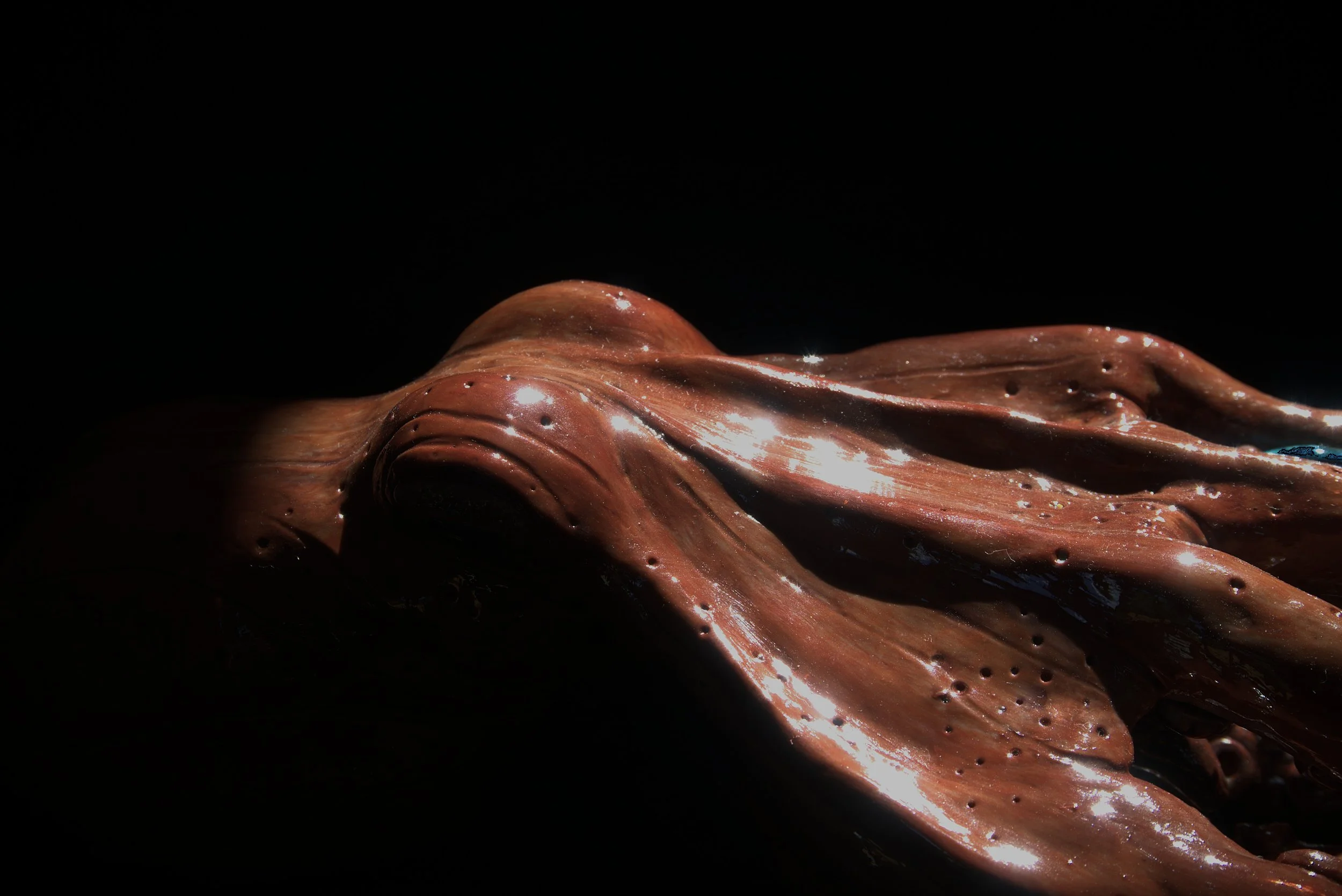 Close-up of a swirl of melted chocolate with a shiny, glossy appearance, set against a black background.