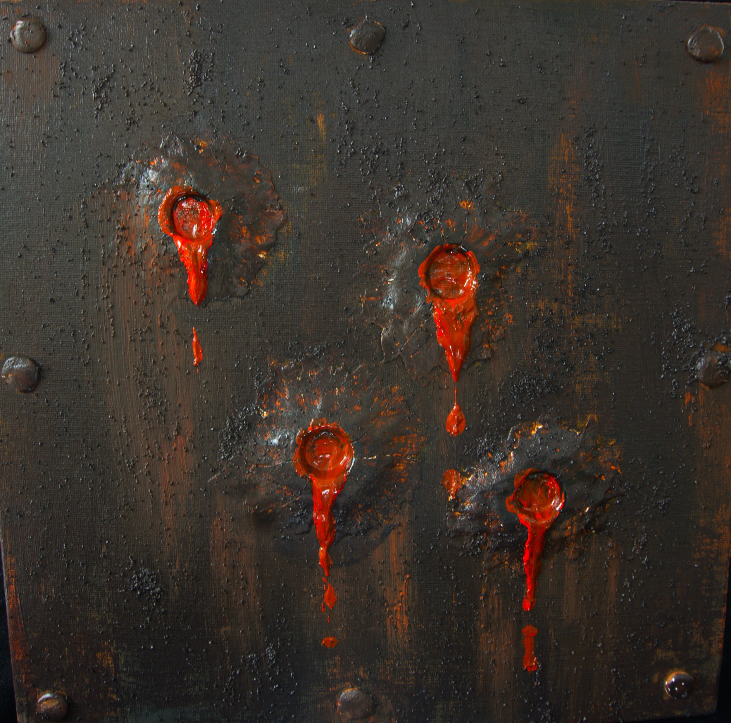 Close-up of a metal surface with three red, glowing, melted holes emitting molten lava and surrounding blackened, rough textured area with rivets and drip-like molten material.