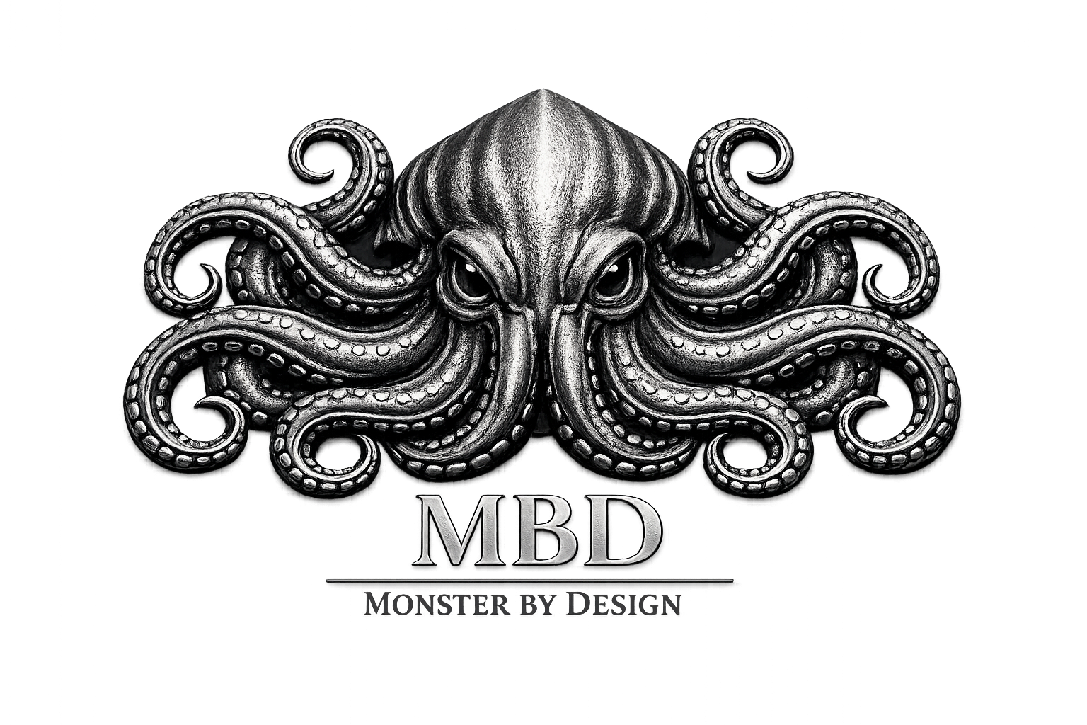 Black and white digital illustration of an octopus with detailed tentacles, under the text 'MBD' and 'Monster By Design'.