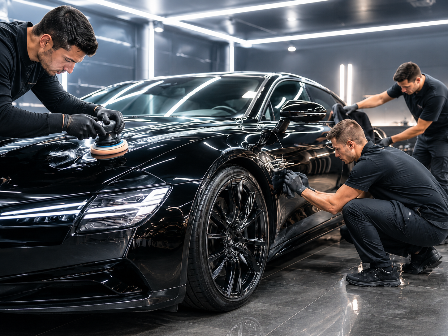 Four workers in black uniforms polishing and detailing a sleek black luxury sports car in a modern, well-lit industrial garage.