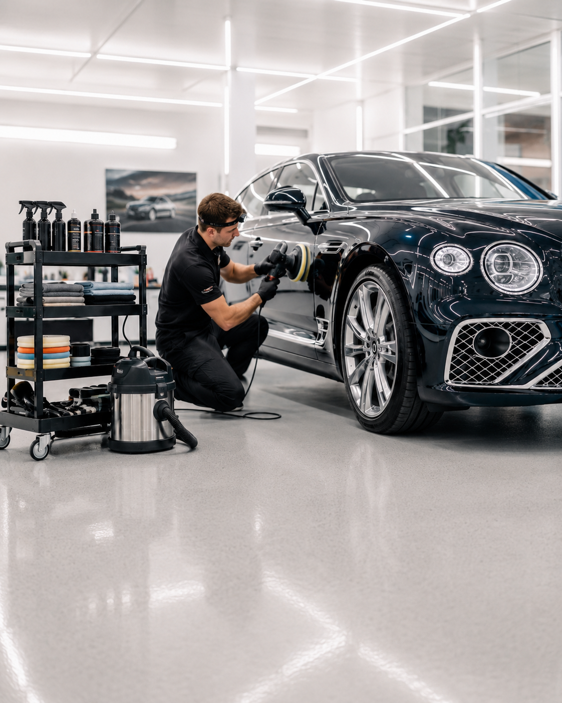 A man polishing a black luxury car inside a modern auto detailing shop with bright lighting and cleaning supplies nearby.