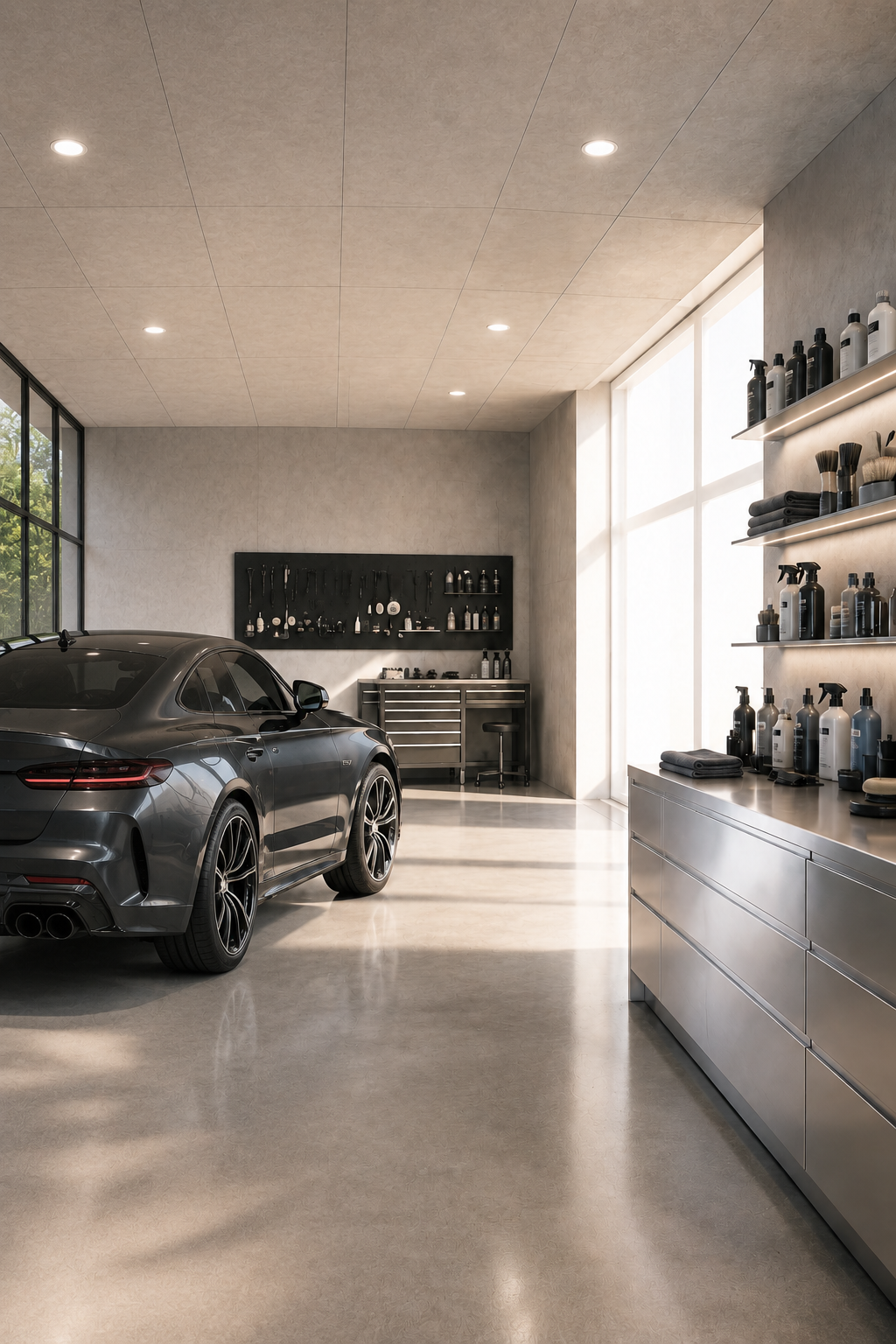 A sleek, modern garage with a gray sports car, large windows, and stainless steel cabinets. The garage has a workbench with tools and supplies, and shelves with bottles and towels.