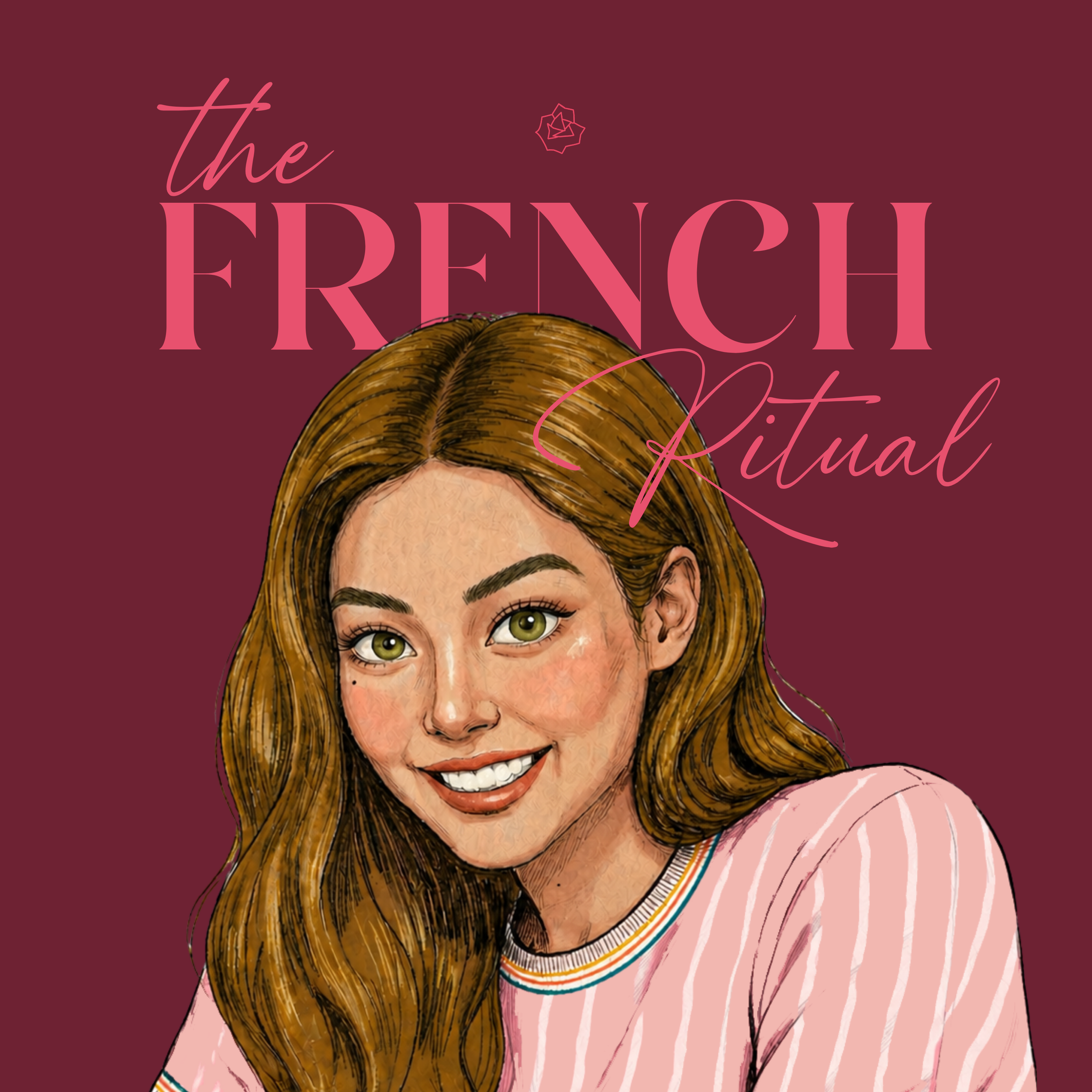 Illustration of a young woman with long brown hair, big green eyes, smiling, wearing a pink sweater with colorful stripes, on a maroon background with pink text that says "the French Virtual".