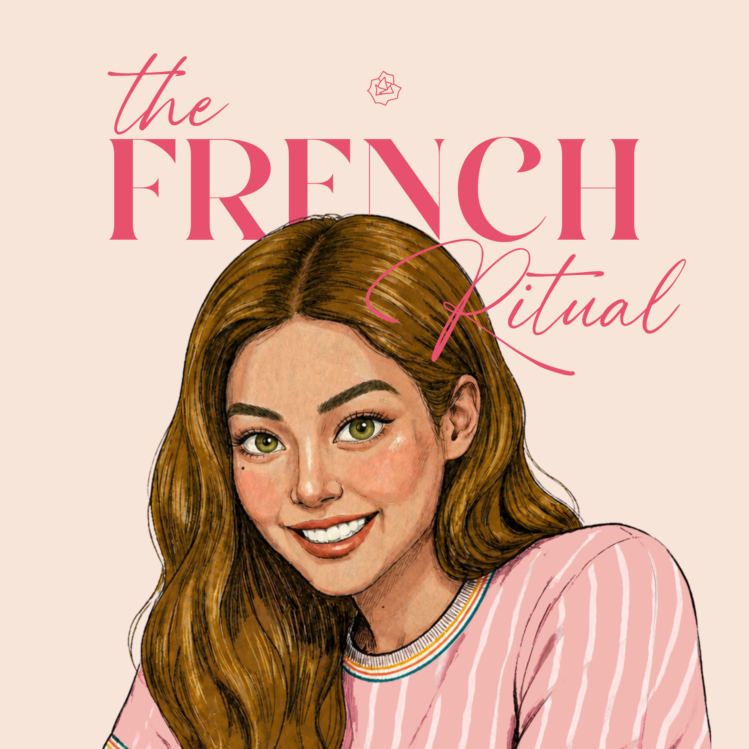 A digitally illustrated woman with long, brown hair, green eyes, and a bright smile, wearing a pink striped shirt and a necklace, with the words 'the FRENCHI' and 'Personal' written in pink and cursive above her