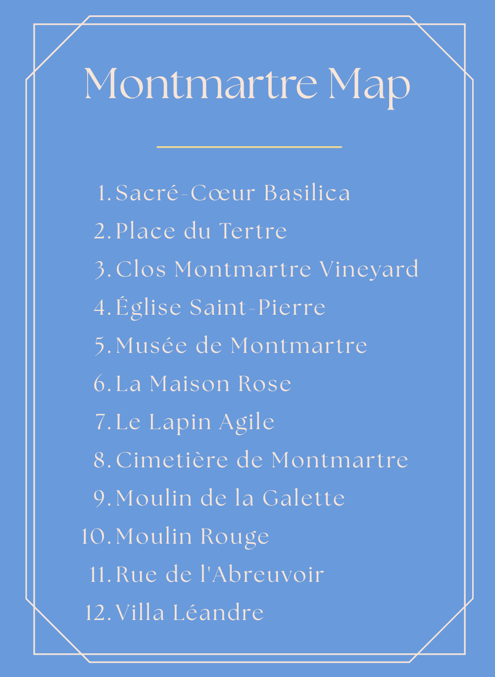 A blue map titled "Montmartre Map" listing with numbers: Sacré-Cœur Basillica, Place du Tertre, Clos Montmartre Vineyard, Saint-Pierre Church, Montmartre Museum, La Maison Rose, Le Lapin Agile, Montmartre Cemetery, Moulin de la Galette, Moulin Rouge, Rue de l'Abreuvoir, Villa Léandre.