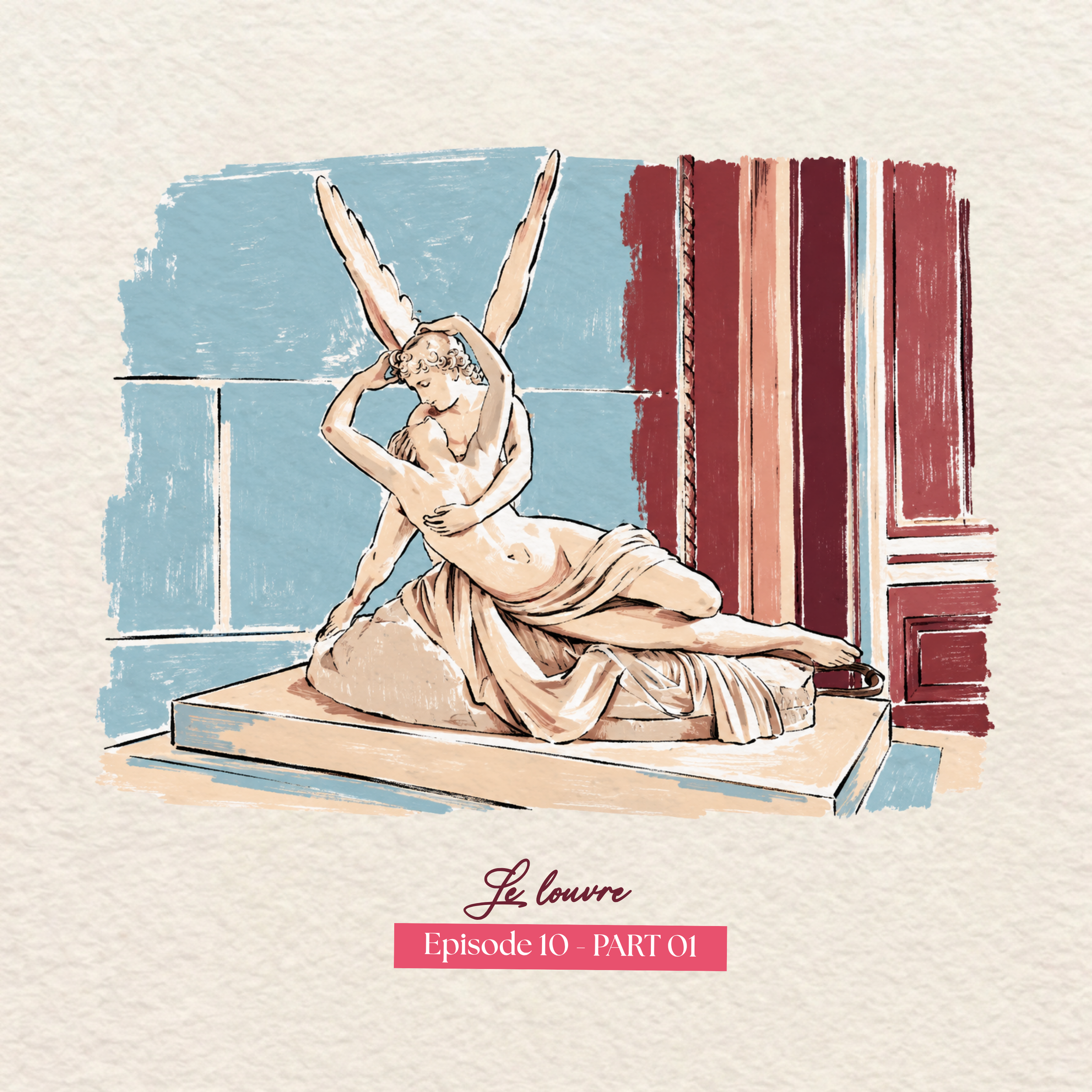 A digital illustration of a woman with curly hair sitting on the ground, leaning against a wall, holding a baby, with a background of bookshelves and a window, text overlay reading 'Le Louvre Episode 10 - PART 01'.