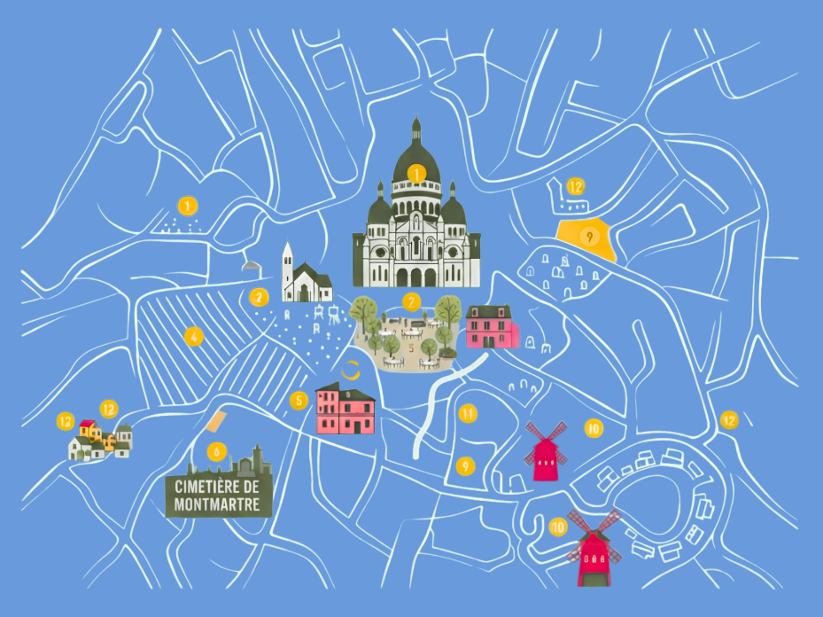 Map of Montmartre neighborhood in Paris with landmarks including Sacré-Cœur Basilica, Montmartre Cemetery, and several windmills painted in pastel colors, with labels numbered 1-12.