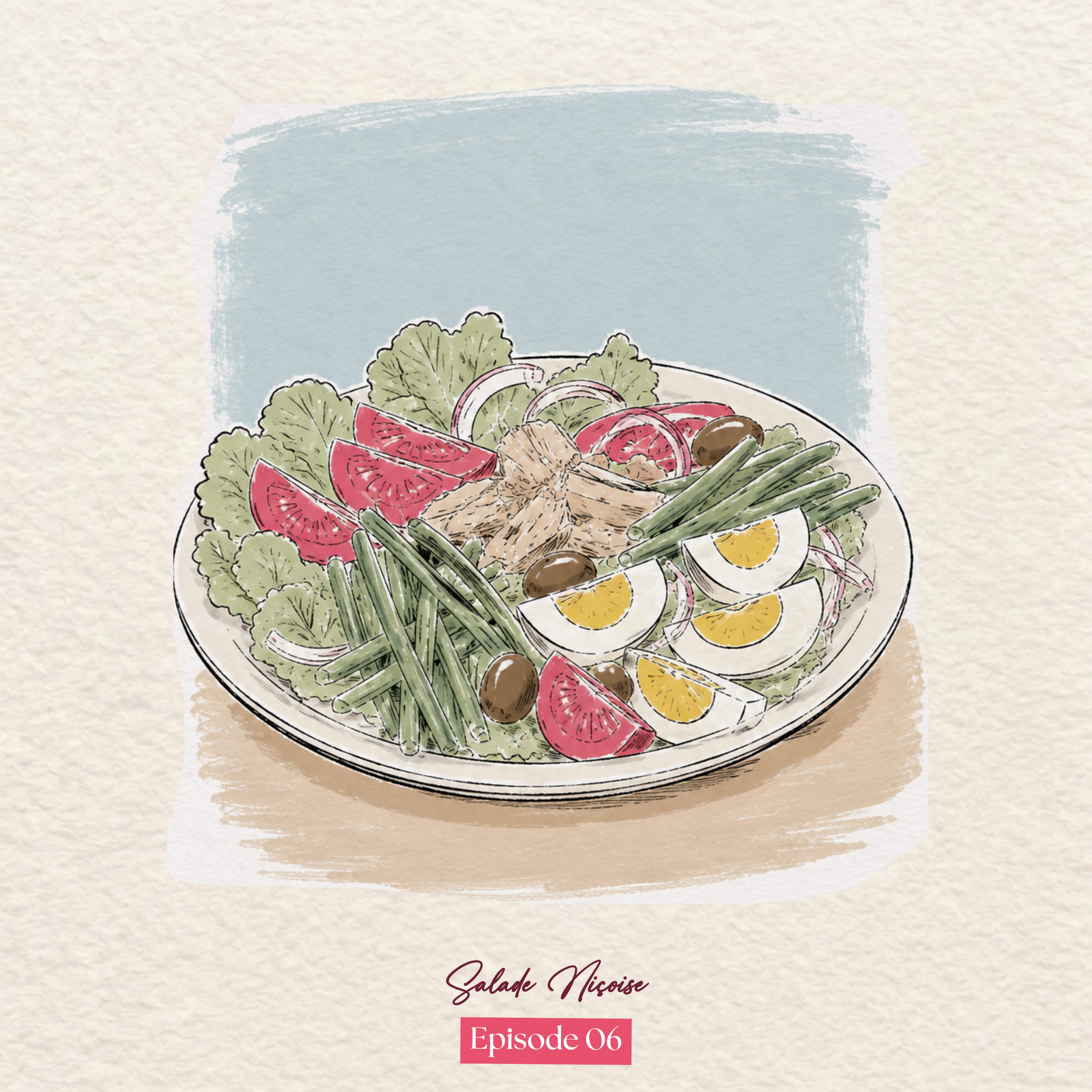 A digital illustration of a salad in a clear bowl with Mediterranean ingredients including lettuce, tomato slices, onion rings, calamari, olives, cucumber, and lemon wedges, with a light beige textured background and text indicating it's from a series titled 'Salade Niçoise' and 'Episode 06'.