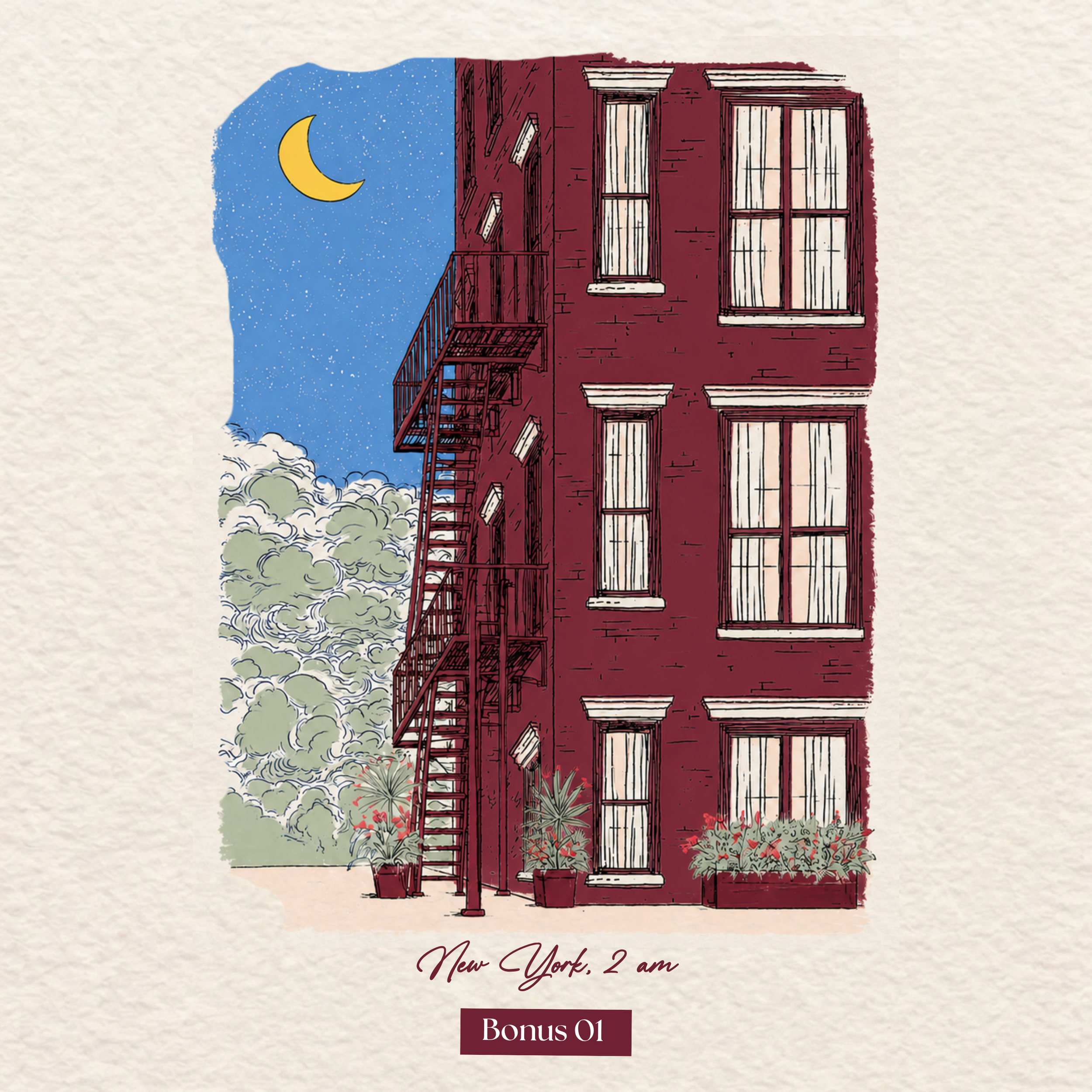 Stylized digital illustration of a red brick building with an external fire escape, set against a blue night sky with a crescent moon, clouds, and plants in the foreground. Text overlay reads "New York, 2 am" and "Bonus 01."