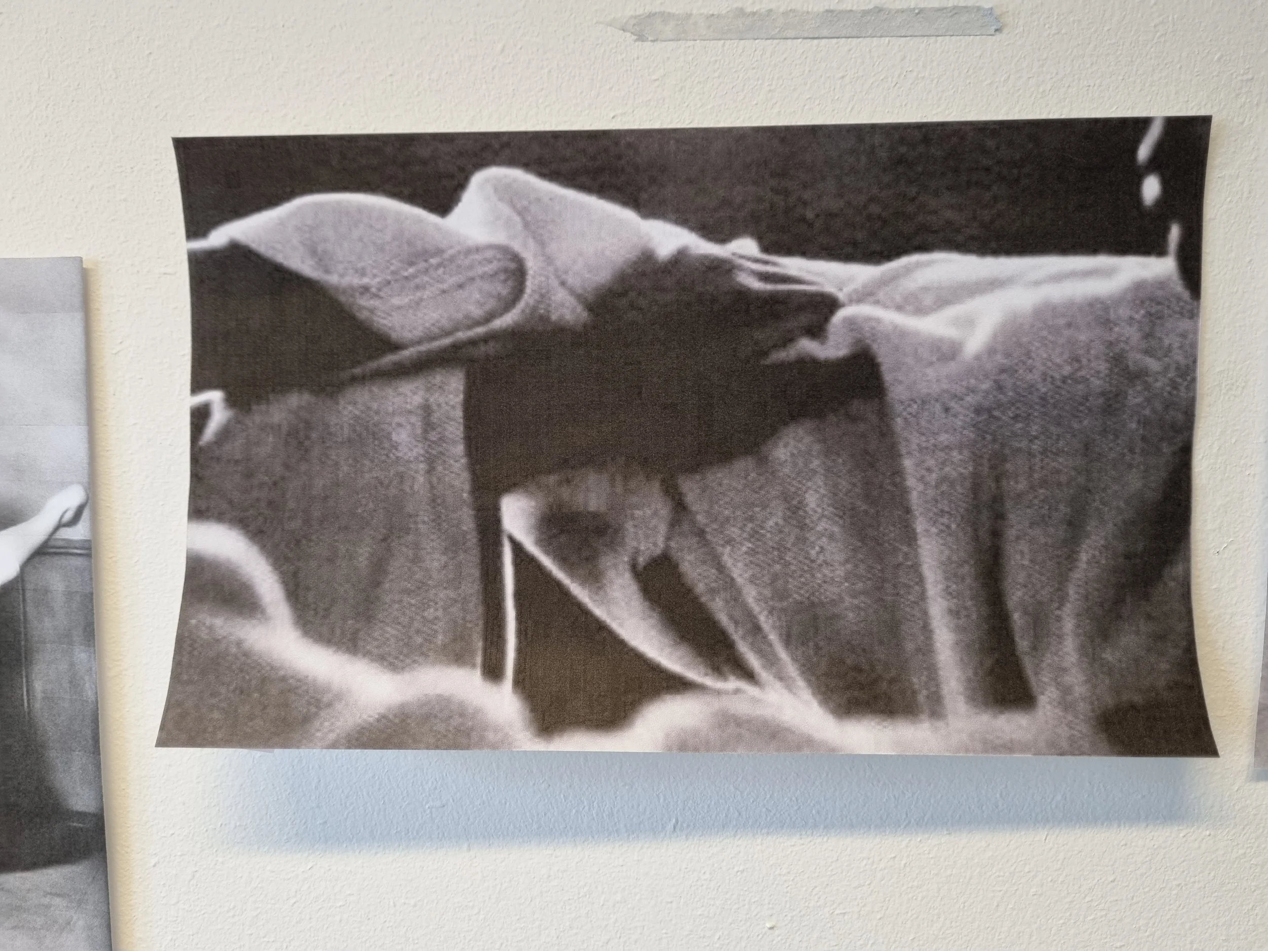 Black and white photocopy pasted on a wall showing a pair of judo wrestlers grabbing onto each other's sleeves.