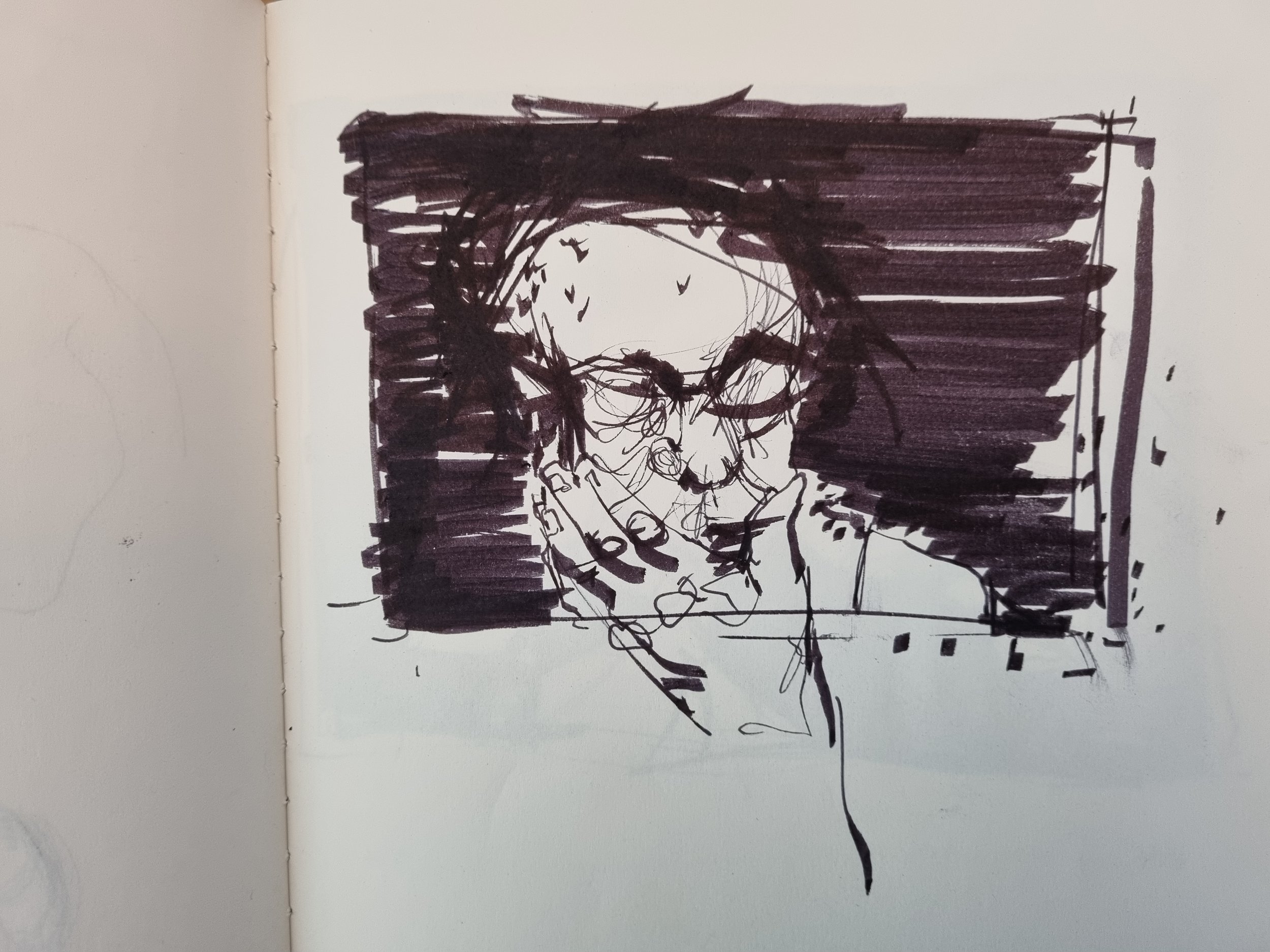 Quiet and sensitively rendered sketch in marker pen of a person holding their chin, deep in thought and inner reflection.