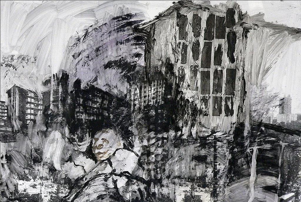 Highly expressive mixed media drawing on art card of a devastated urban landscape with a parent carrying a child on their back in the foreground.