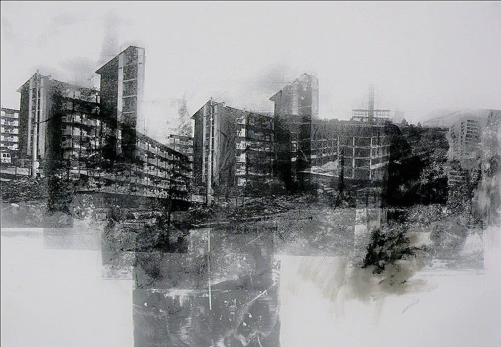 An understated collage with photo transferred images of Singapore Housing Development Board flats juxtaposed against their own ghost image.