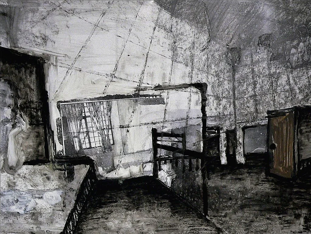 Thick and heavy black lines drawn in oil pastel describing an interior space that has rooms and walls that are misaligned, giving a simultaneous feeling of structure and disorientation.