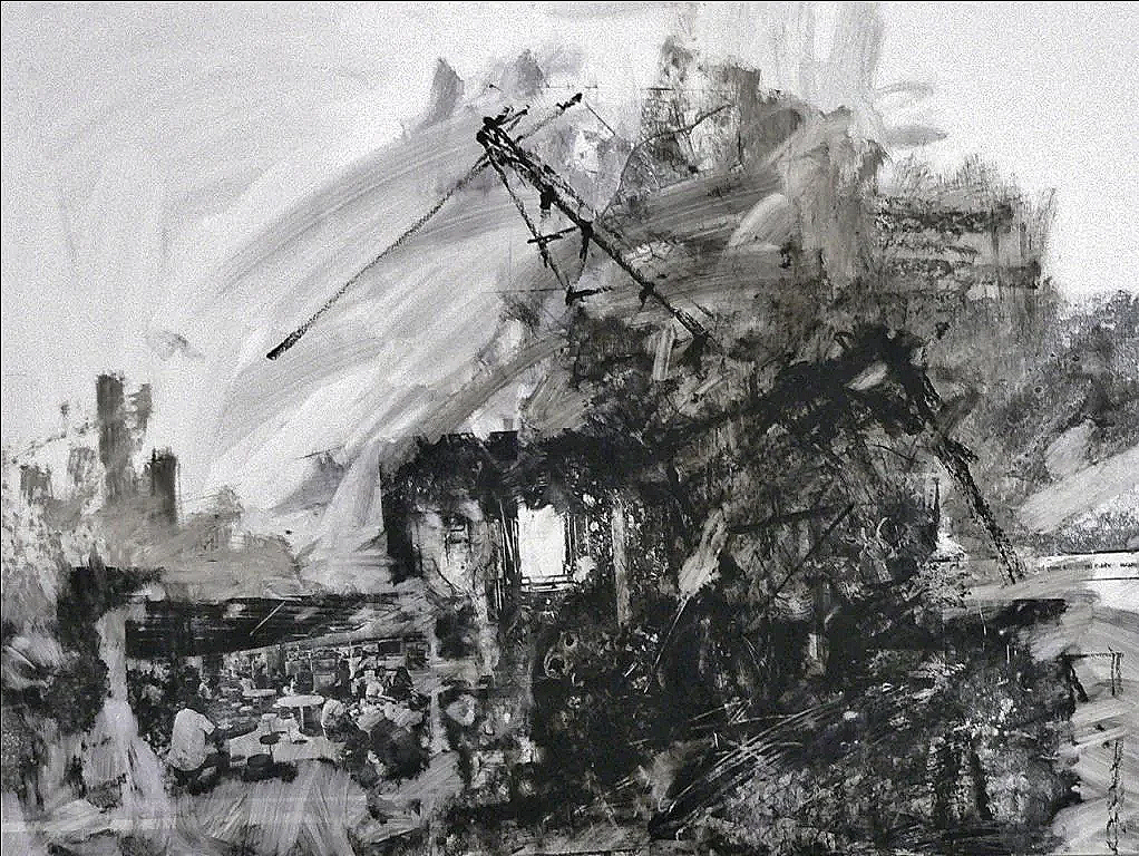 Expressive and dark collage drawing featuring a miasma of dark splotches of black paint and a single construction crane either emerging from or collapsing into the blackness.