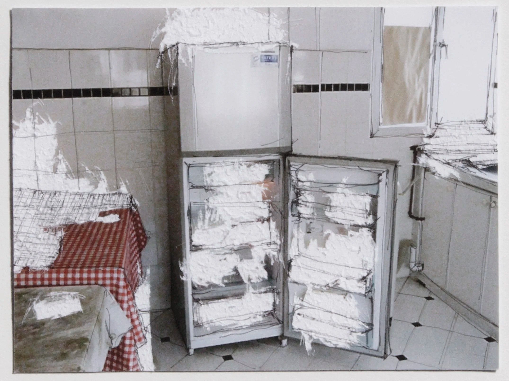 Quirky and bright image of a kitchen in Singapore with the contents of the fridge and tabletop physically erased.