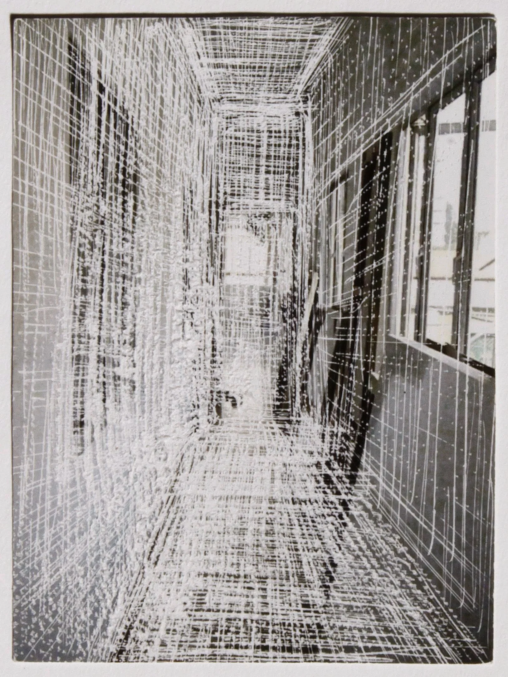 Disorienting image that is reminiscent of the matrix where the hallway of a home is physically etched with stark directional lines.