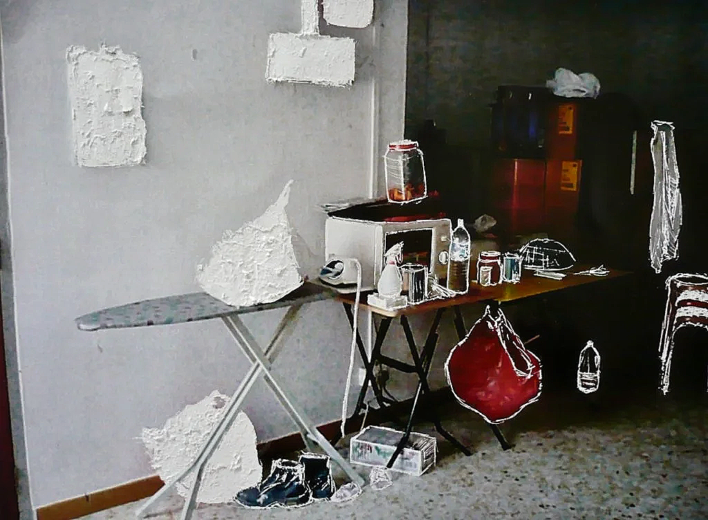 Photo document of a home hallway cluttered ironing board and many household items in various states of etched outlines and removal.