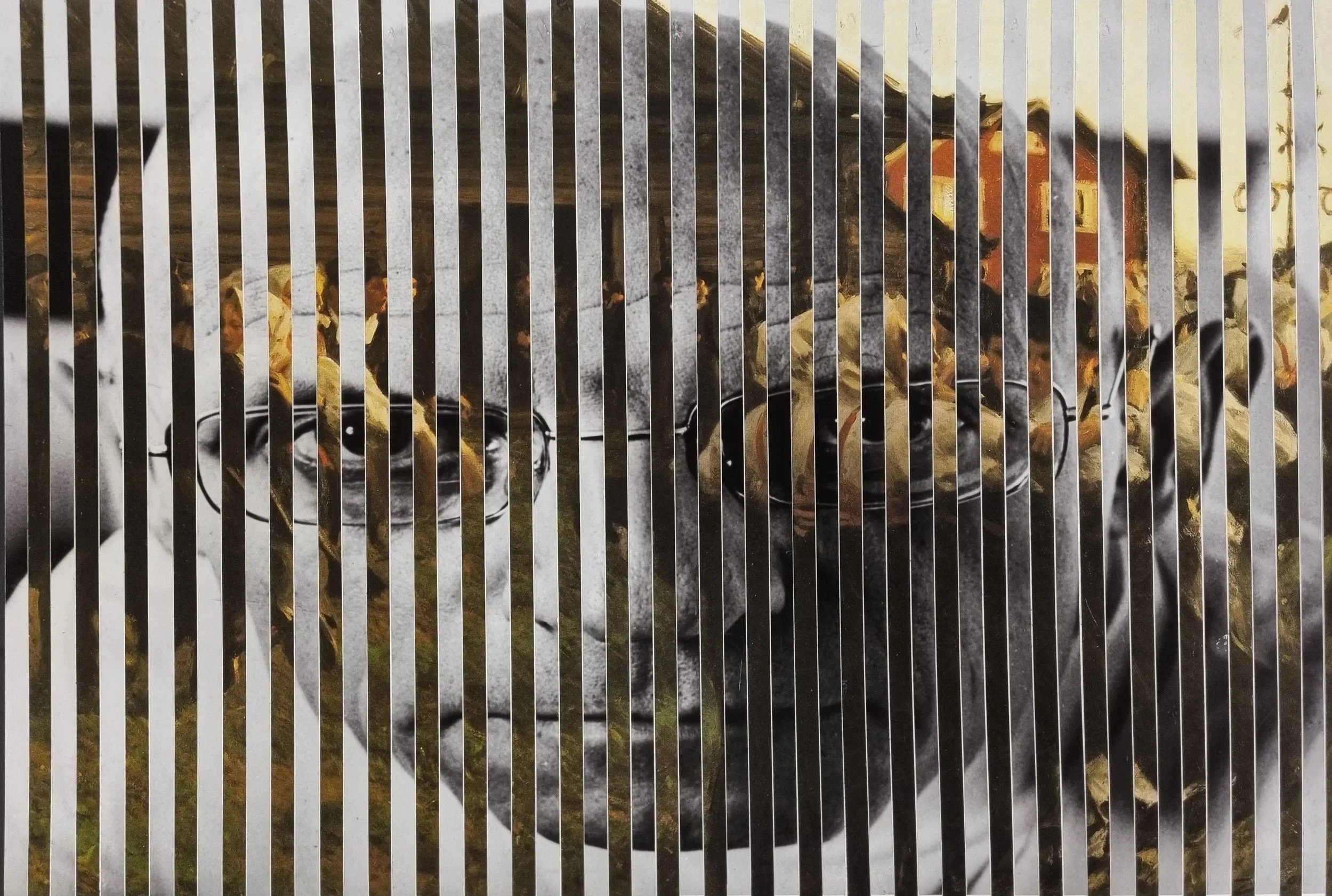 Vertically spliced collage of a portrait of Michel Foucault and the oil painting Midsummer Dance by Anders Zorn.