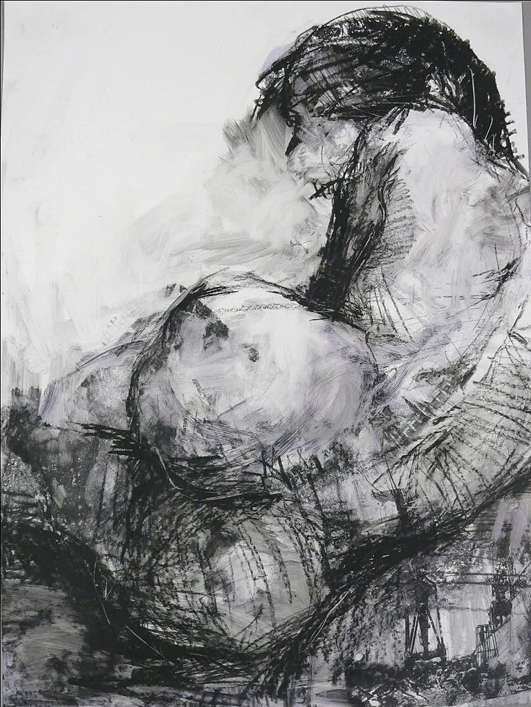A densely packed and heavily weighted mixed media drawing of a female nude model whose face is erased but whose back is mired in lines that indicate duress and tension.