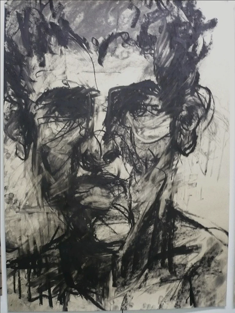 Evocative portrait of a male life model in charcoal, with sunken eyes, lined face and heavy signs of erasure and re-drawing.