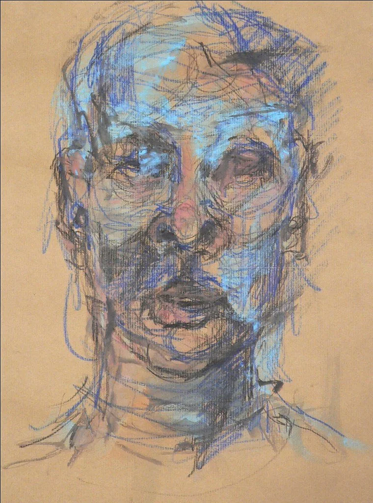 Dreamy head portrait of an androgynous model whose gaze is open and unfocussed, and whose face is created with sharp blue lines overlaid by swathes of flowing electric blue paint.