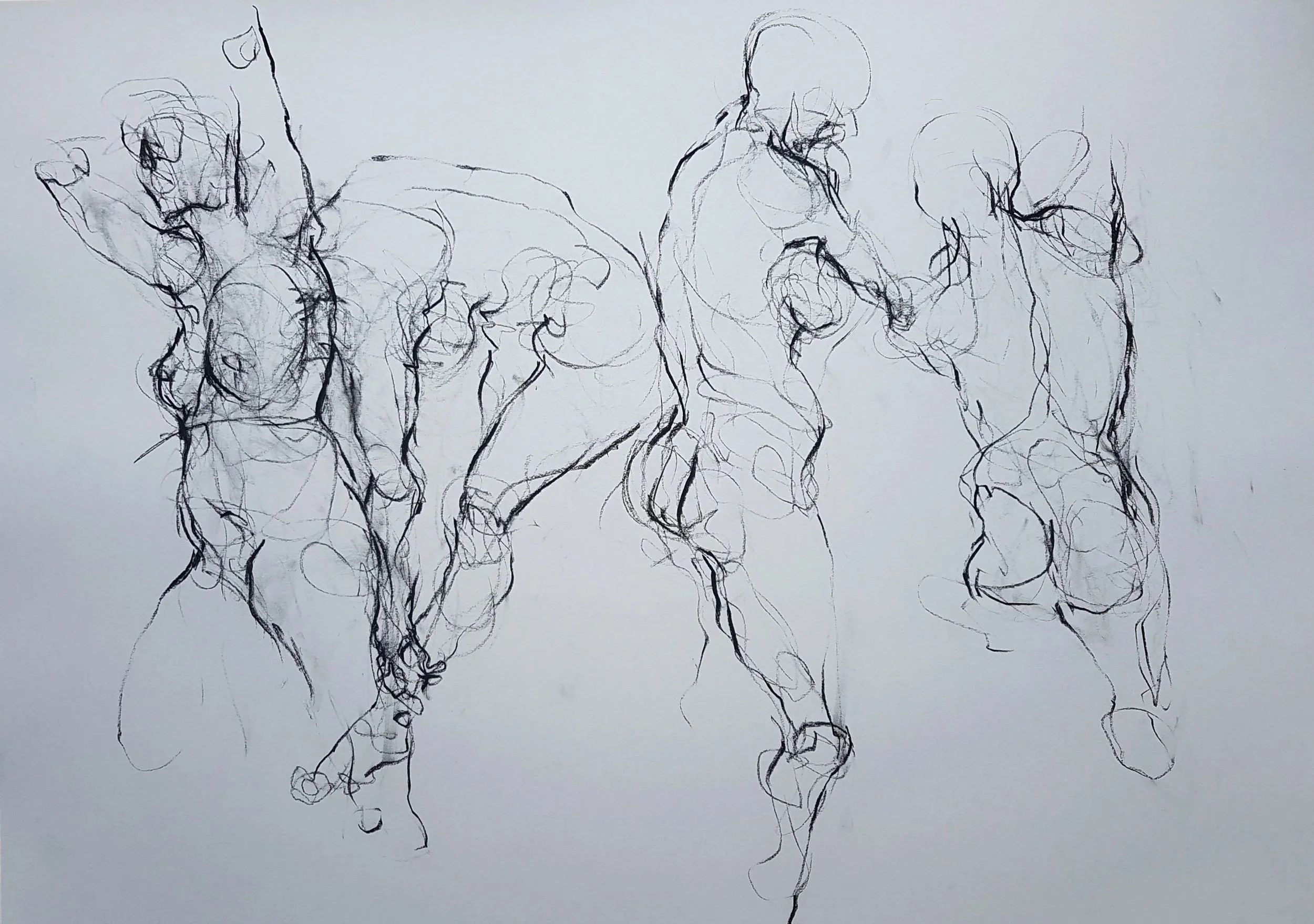 Wiry and invigorated line drawing of four nude figures that contort and seem to move across the page in a controlled yet indefinite manner.