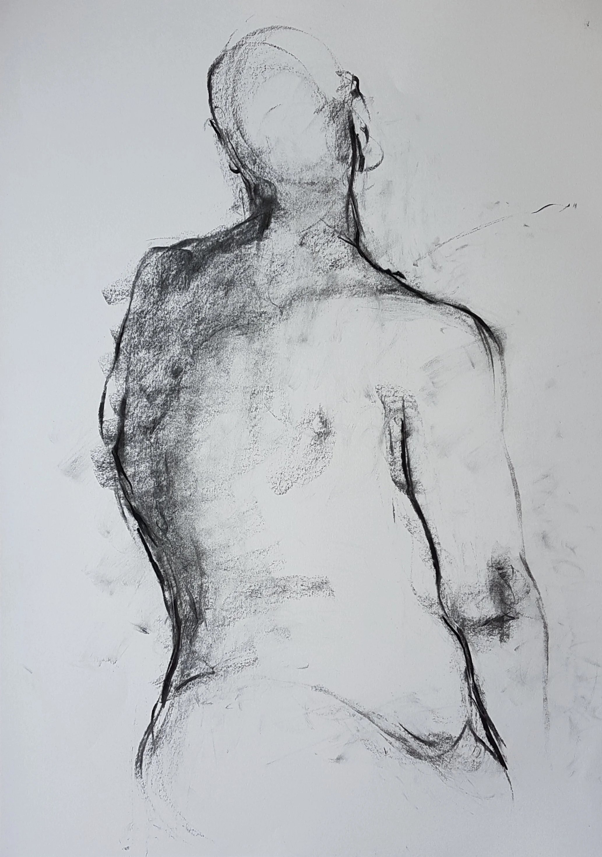 Back profile of a well-proportioned nude model with their head deliberately smaller than the rest of their body, emphasising the quiet drama of the twisted torso.