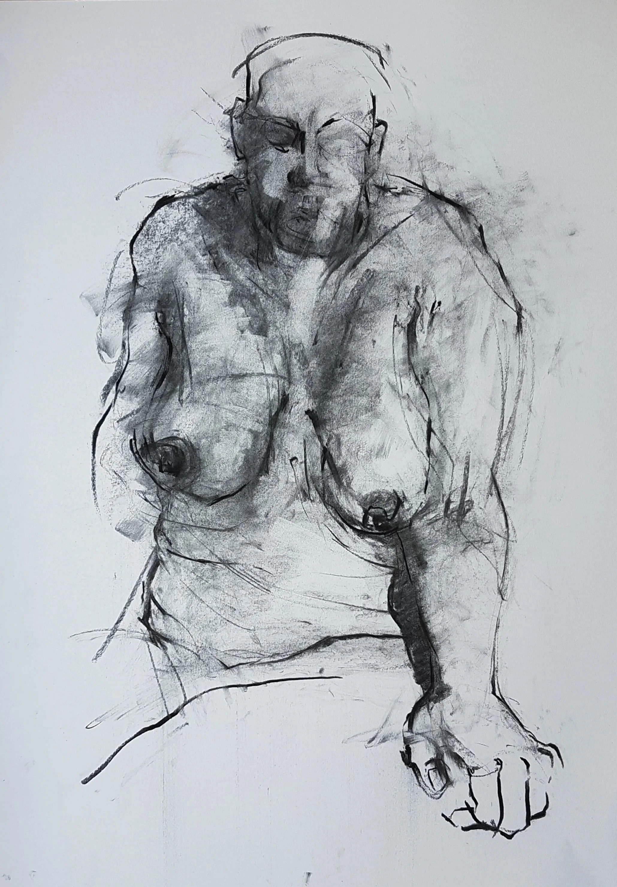 Charcoal portrait of a female nude model with grotesque proportions that include ponderous breasts, a swollen left hand and a sagging body carrying the weight of memories and pain.